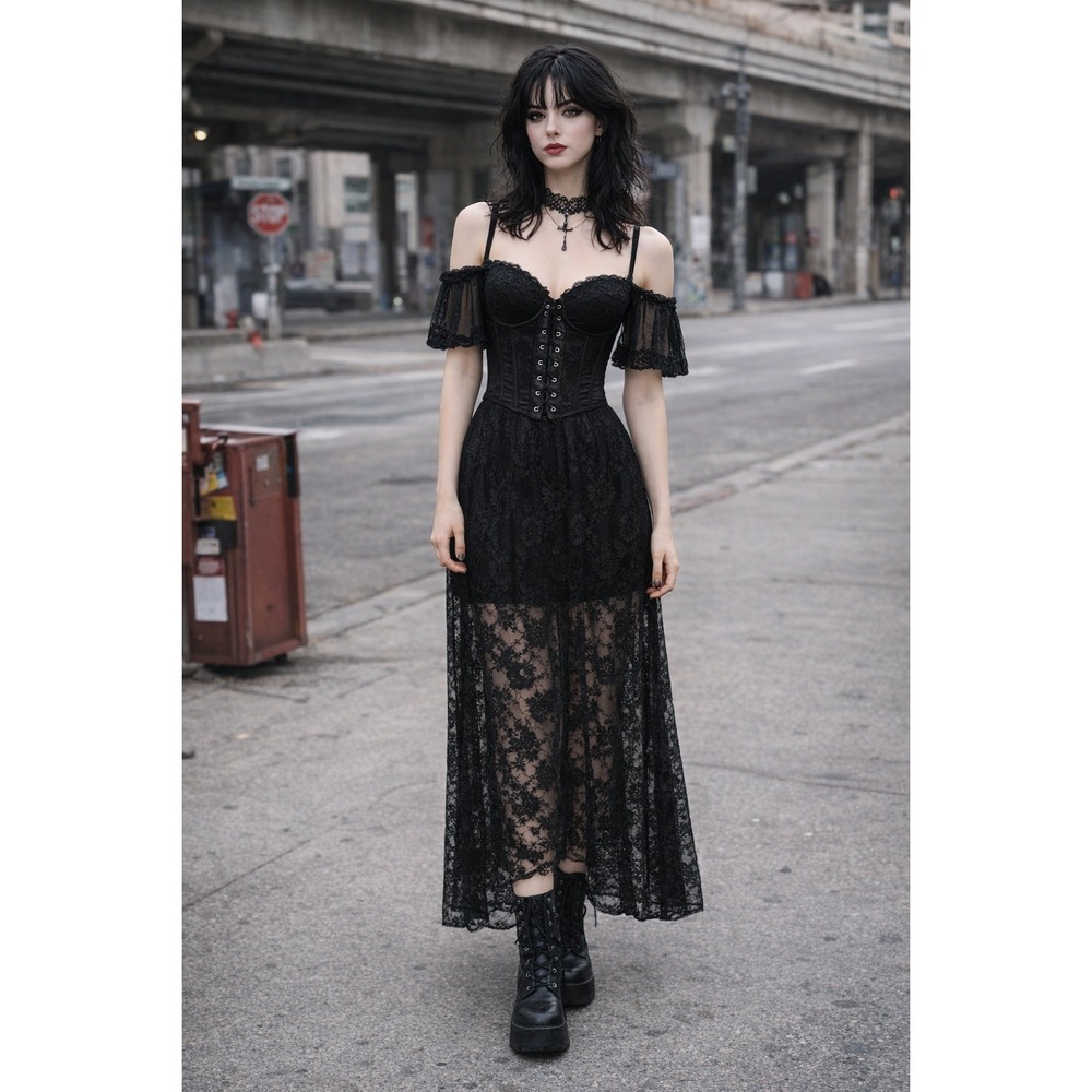 H&M Black Lace Midi Skirt Womens Small Sheer Overlay Floral Goth‎ Y2K Festival